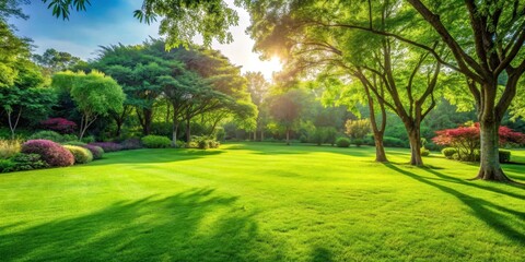 Lush green grass lawn with vibrant foliage, serene atmosphere, vibrant green grass