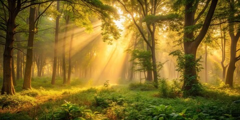Fototapeta premium Soft golden light filters through dense foliage in a misty forest glade , natural, peaceful, natural, peaceful, sunlight