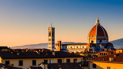 Fototapeta premium majestic shot of the Florence skyline at golden hour, with the sun casting a warm glow over the city, the Duomo standing tall against the sky