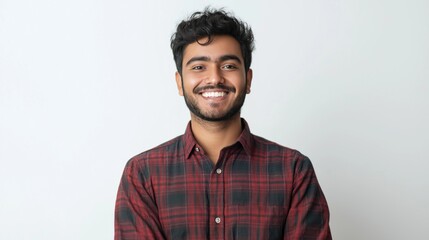 Obraz premium Standing gracefully, an Indian man exudes elegance in his stylish shirt as he shares a warm smile. The soft indoor light accentuates his joyful demeanor, creating a welcoming atmosphere