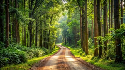 Obraz premium Dirt road winding through lush forest scenery with tall trees and greenery on both sides, dense foliage, woodland scene