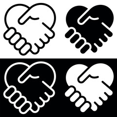 Obraz premium Heart Handshake Icons. Handshake icon in fill and strock shape. A Symbol of Trust, Unity, and Partnership. Vector illustration isolated on black and white background.