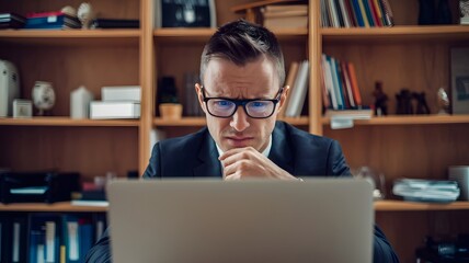 Fototapeta premium Serious Businessman Working on Laptop in Modern Office Professional Focused Concentrated Man in Suit Using Computer Technology Digital Business Concept Corporate Executive Working Hard Problem Solving