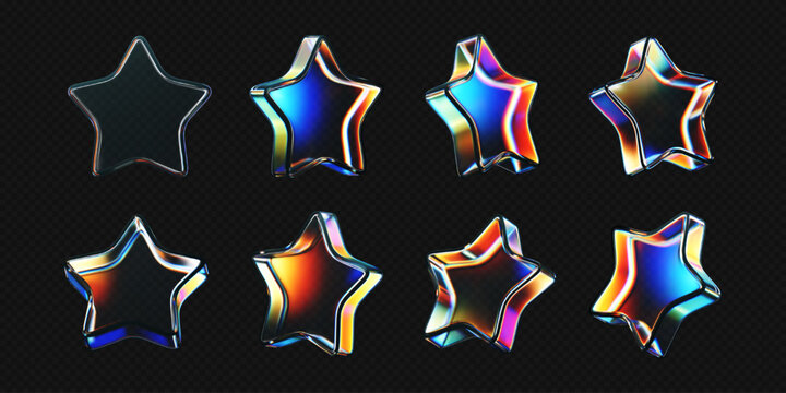 3D glass star icon set with refraction and holographic effect isolated on dark background. Render transparent glass star with overlay dispersion light, rainbow gradient. 3d vector morphism