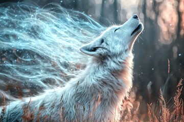 Obraz premium Mystical white wolf howling in an ethereal forest setting.