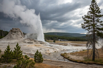 Geyser erupting in a volcanic area