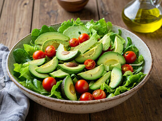 A vibrant fresh green salad. The dish is served in a rustic ceramic bowl on a wooden table