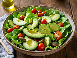 A vibrant fresh green salad. The dish is served in a rustic ceramic bowl on a wooden table