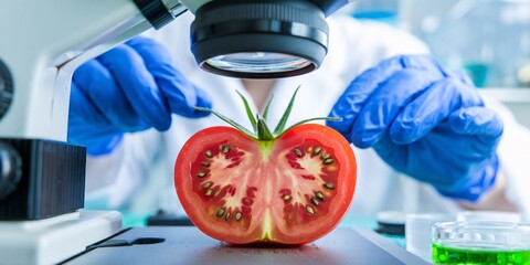 Tomato Examined Under Scope. A scientist in a lab coat and gloves examines a ripe tomato under a microscope for quality. Food science, research, and agriculture concept.