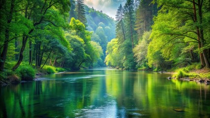 Calming waters of serene river flowing through dense forest with tall trees and lush greenery, landscape, peaceful,  landscape