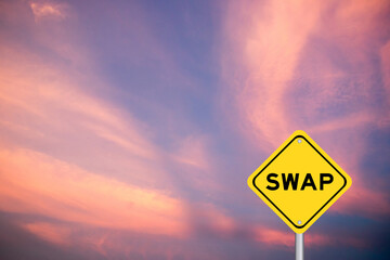 Yellow transportation sign with word swap on violet color sky background