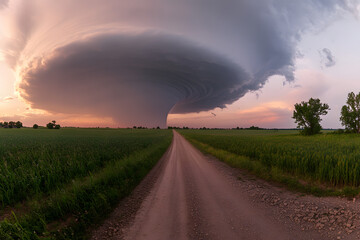 Tornado over the prairie, a large tornado on the ground in front of the viewer, storm clouds, a dirt road