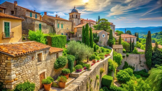 Fototapeta Ancient stone wall with vibrant Proven?al architecture, surrounded by lush greenery and terracotta rooftops, set against a warm sunny sky , architecture, narrow street