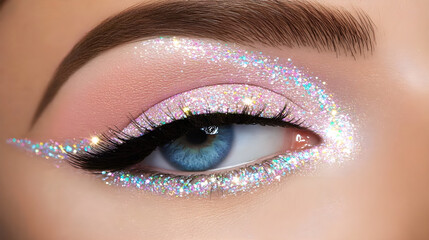 Obraz premium Close-up of a beautiful woman's eye with neon glitter makeup, colorful, cinematic, and vibrant. 
