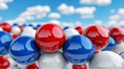 Naklejka premium Red, blue, and white glossy spheres arranged in a pattern against a vivid blue sky with fluffy white clouds. The spheres create a sense of organized