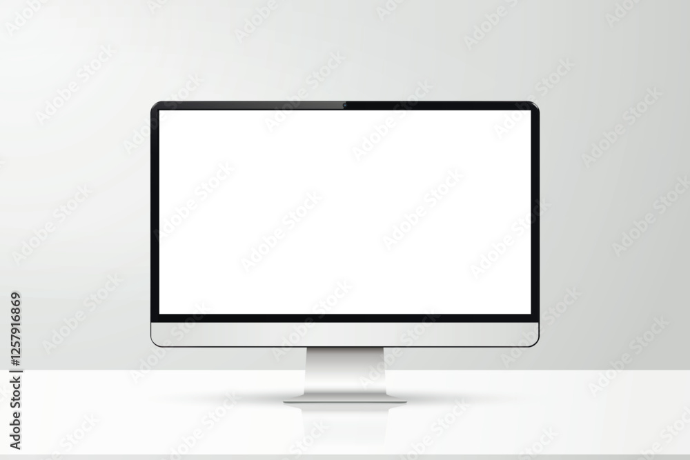 Poster front view of a computer with a white screen mockup on a table against grey wall in office