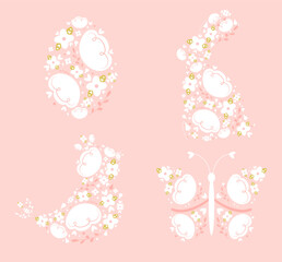 Set of cute Easter and spring elements with flowers in egg shape, bunny, baby chicken, butterfly. Hand drawn vector collection. Folk style Easter symbols. Flowers in Easter bunny shape