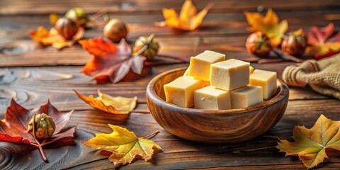 Fototapeta premium Fresh butter cubes sitting in a charming wooden bowl on a rustic table, surrounded by a warm and cozy atmosphere of autumn leaves and seasonal flowers, rustic, natural elements