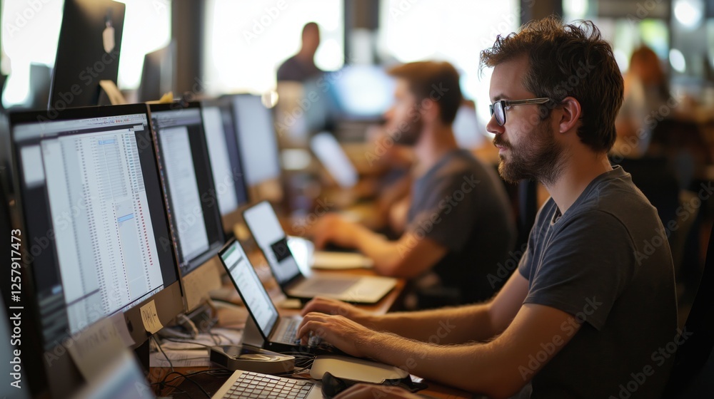 Aufkleber Group of men engage intently in their work at sleek computers, surrounded by a lively modern office setting during a productive day. Collaboration and innovation are palpable