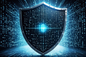 A glowing shield with binary code, symbolizing data security in cyberspace