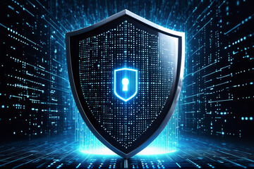 A glowing shield with binary code, symbolizing data security in cyberspace
