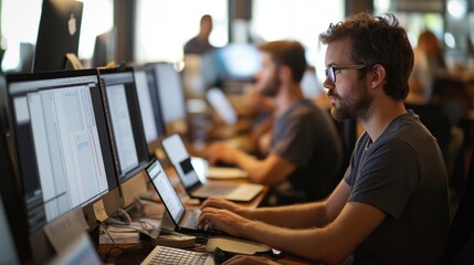 Group of men engage intently in their work at sleek computers, surrounded by a lively modern office setting during a productive day. Collaboration and innovation are palpable