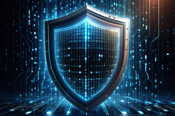 A glowing shield with binary code, symbolizing data security in cyberspace