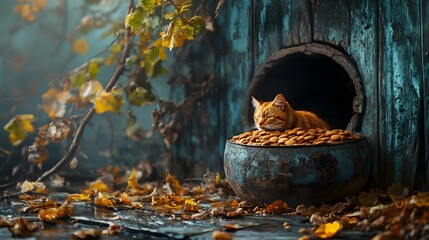 Ginger cat naps contentedly atop a bowl overflowing with food, nestled outside a weathered wooden cat house.