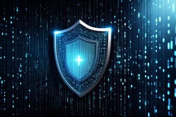 A glowing shield with binary code, symbolizing data security in cyberspace
