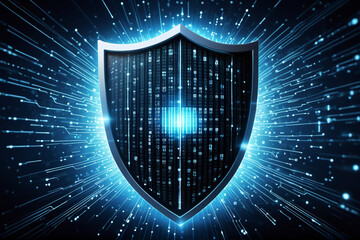 A glowing shield with binary code, symbolizing data security in cyberspace