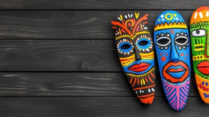 Three colorful tribal masks displayed on a dark wooden plank background, showcasing vibrant hues, intricate patterns, and a variety of expressions