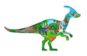 Paper cut dinosaur silhouette with prehistoric landscape and dino species roam amidst lush foliage, waterfalls and hills. 3d vector frame in shape of parasaurolophus dinosaur with ancient environment