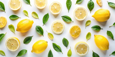 Fresh Lemon Pattern Flat Lay on White Background, food styling