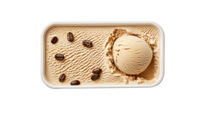 Creamy coffee ice cream in a tub with coffee beans, white isolated background.