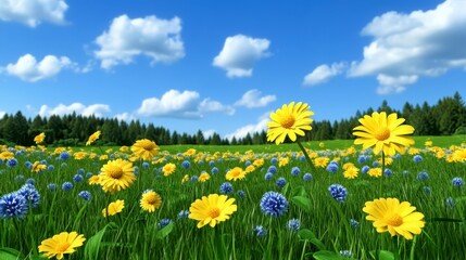 Obraz premium A vast field bursting with vibrant yellow and blue wildflowers under a bright blue sky dotted with fluffy white clouds. Green grass covers the