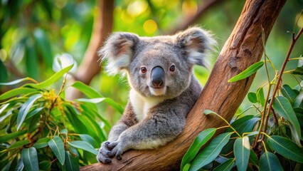 koala in eucalyptus tree, relaxing surrounded by leaves and branches, eucalyptus, animal, eucalyptus, animal, koala, serene, green