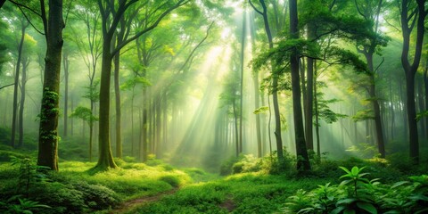 Fototapeta premium A lush green forest with a misty atmosphere and blurred light highlights on the leaves and trees, capturing the serene and peaceful ambiance of nature , forest, green background