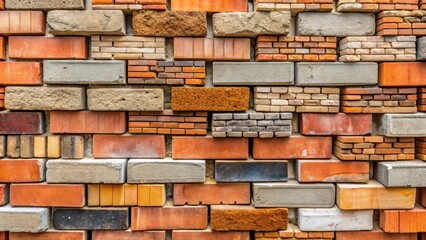 Obraz premium A stack of bricks arranged together to form a wall with varying textures and colors, showcasing different brick patterns and mortar styles , concrete foundation, building design