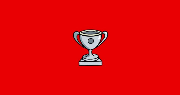 Silver winner cup stop motion on red screen background. Championship colorful vibrant colors trophy concept for sport winner. Victory celebration symbol cartoon animation redbox islated.