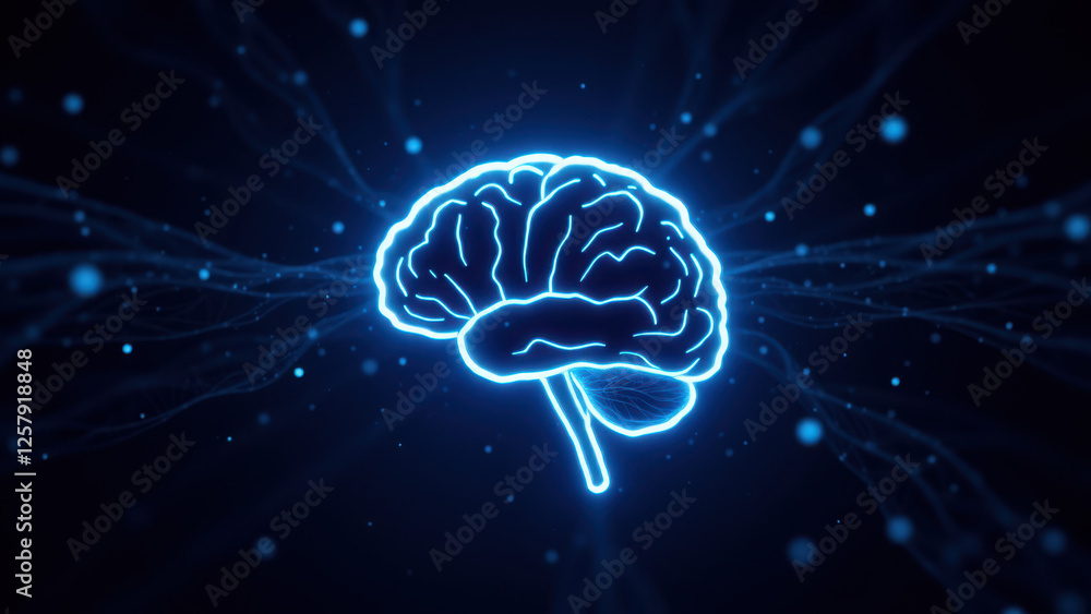 Poster illustration of a human brain with glowing neural network lines, symbolizing artificial intelligence