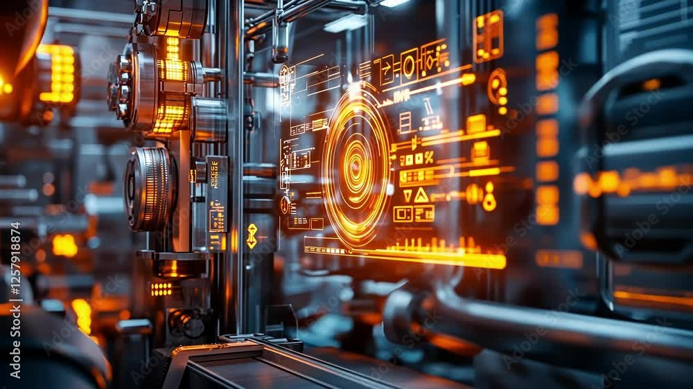 Poster complex machinery and digital interface displaying data analysis in a futuristic industrial setting,