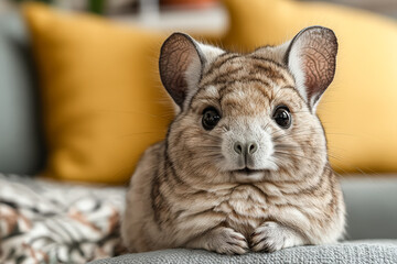 Naklejka premium Small brown and white hamster is laying on a couch. The hamster is looking at the camera with a curious expression