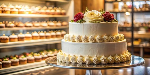 Cake on display at a bakery, elegant dessert, dessert art, elegant dessert