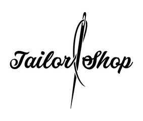 Tailor shop, embroidery and stitch icon, vector emblem for handmade clothes shop. Isolated monochrome label with needle and thread. Sewing atelier, fashion, textile tailoring and needlework craft sign