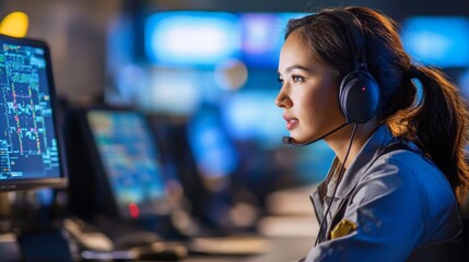 A flight dispatcher uses a headset to coordinate schedules, ensuring efficient airline operations