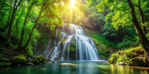 Obraz premium Serene waterfall cascading through lush green forest scenery with sunlight filtering through trees