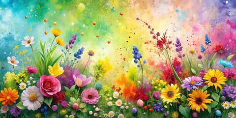 Fototapeta premium Colorful paint splatters on a textured spring background with blooming flowers and greenery , nature-inspired design, floral arrangement