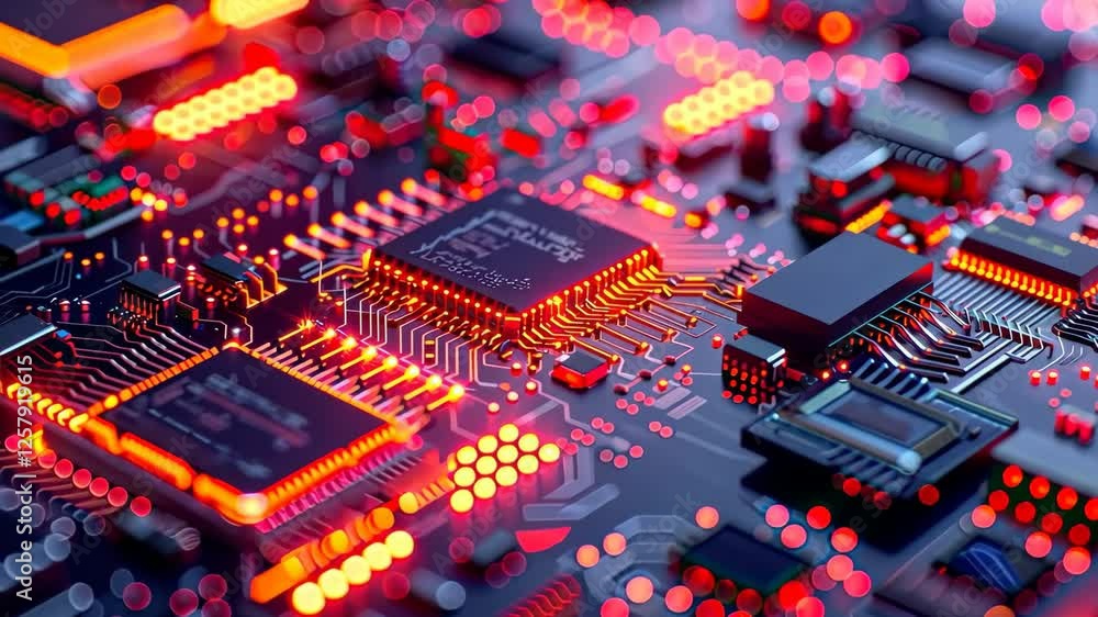Poster close up of glowing circuit board with microchip technology