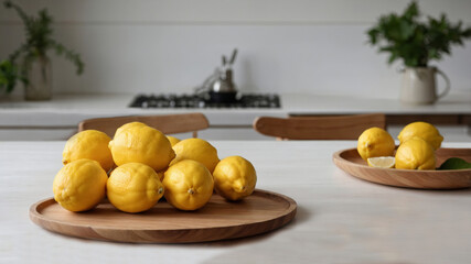 Lemons on a wooden tray in a bright kitchen