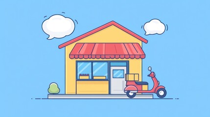 Naklejka premium Cartoon Shopfront Delivery Scooter Illustration